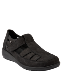Zapato negro de cuero para mujer, estilo casual, con taco cuña de 3.3 cm y punta cuadrada.