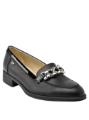 Zapato negro de cuero para mujer con taco bloque de 3 cm y punta puntiaguda, estilo casual.