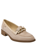 Zapato nude de cuero para mujer con punta puntiaguda y taco bloque de 3 cm, estilo casual.