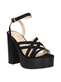 Sandalia negra de cuero para mujer, estilo casual, con plataforma alta y taco bloque sólido, ideal para eventos sociales.