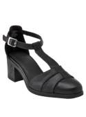 Zapato de mujer negro de cuero estilo T-bar con diseño elegante y clásico, ideal para eventos formales y semiformales.