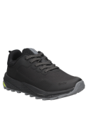 Zapatilla negra de trail running para hombre, adecuada para la tendencia athleisure, combinando estilo casual y deportivo.