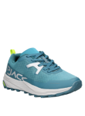 Zapatilla de trail running azul con patrón de suela que facilita el agarre, perfecta para eventos casuales al aire libre.