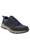 Zapatilla masculina en azul, con paneles de cuero que brindan estructura y zonas de textil para mayor comodidad.