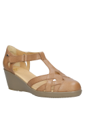 Sandalia de cuero café con taco cuña de 7 cm para mujer, estilo informal.