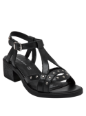 Elegante sandalia de cuero negro con taco medio cuadrado y hebilla ajustable en el tobillo, ideal para un look casual chic.