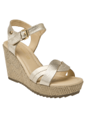 Sandalia dorada de cuero para mujer, con hebilla y plataforma cómoda, ideal para primavera y verano.