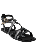 Sandalia de cuero negro para mujer, ideal para ocasiones informales, con tiras ajustables y hebilla elegante.