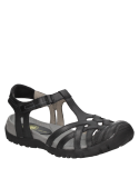 Sandalia negra casual de cuero para mujer con diseño robusto y tiras múltiples para actividades al aire libre.