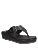Sandalia negra de cuero para mujer con diseño minimalista y moderno, ideal para un estilo casual chic con plataforma cómoda.