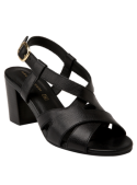 Sandalia de cuero negro con taco cuadrado de altura media, perfecta para ocasiones semi-formales.