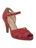 "Sandalia casual roja de cuero para mujer, con diseño ""peep toe"" y tiras entrecruzadas, perfecta para eventos formales. "