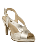 Elegante sandalia oro de cuero para mujer, diseño casual veraniego, punta abierta para mayor frescura.