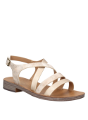 Sandalia femenina dorada, estilo minimalista, ideal para paseos o eventos diurnos, con intrigantes detalles visuales.