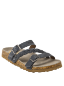 Sandalia de cuero azul con taco plano de 3 cm y punta abierta, perfecta para días relajados.
