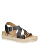 Sandalia de mujer Pollini G219 en cuero animal print con taco plano y punta abierta.