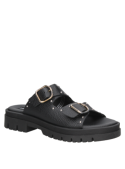 Sandalia negra de cuero para mujer, casual, suela gruesa, correas anchas con hebillas grandes y tachas.
