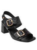 Elegante sandalia de cuero negro con punta abierta, perfecta para ocasiones especiales.