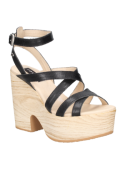 Sandalia negra de cuero para mujer con plataforma alta, estilo retro bohemio, ideal para ocasiones informales.