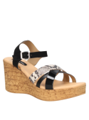 Sandalia negra de cuero para mujer, diseño casual, cuña alta, correas cruzadas con textura de piel de serpiente.