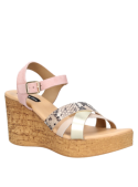 Sandalia multicolor de mujer con cuña alta, correas cruzadas en cuero, estampado de serpiente y acabados metalizados.