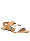Sandalia multicolor de cuero para mujer, con diseño minimalista y tiras cruzadas para un ajuste seguro y cómodo.