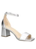 Sandalia plata de cuero para mujer, diseño chic minimalista con taco cuadrado, ideal para eventos formales y casuales.