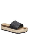 Sandalia negra de cuero para mujer, diseño minimalista con banda ancha y plataforma tejida, ideal para un look casual.
