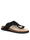 Sandalia negra de cuero para mujer, estilo casual, con tira ancha, hebilla y plantilla moldeada.