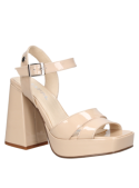 Sandalia nude de charol para mujer con tacón grueso y plataforma, hecha de cuero, ideal para eventos semi-formales.