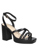 Sandalia negra de cuero para mujer, diseño minimalista y elegante con tiras cruzadas, estilo casual sofisticado.