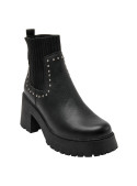 Botín negro casual de mujer en cuero y textil, con taco bloque de 6.5 cm y punta redonda.