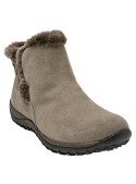 Botín taupe de cuero gamuzado para mujer, estilo casual, con taco plano de 4 cm y punta redonda.
