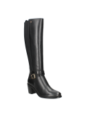 Diseño clásico de bota negra de cuero para mujer, ideal para combinar con jeans o vestidos en diversas ocasiones.