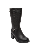 Diseño sofisticado de bota ecuestre en cuero negro con detalle de hebillas, combinable con jeans o vestidos.