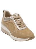 Zapatilla de cuero beige para mujer, estilo athleisure, con talón medio y cierre de cordones para un look chic.