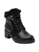Botín casual de cuero negro para mujer, con ojales metálicos y borde acolchado que brinda comodidad y abrigo.