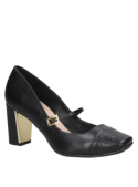 Zapato femenino en cuero negro, estilo glamoroso con taco bloque y punta cuadrada.