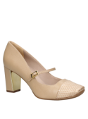 Zapato de mujer beige de cuero, estilo casual con acabados delicados y taco bloque.