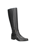 Bota de cuero negro para mujer, estilo casual y elegante, con detalle metálico, ideal para la oficina.