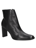 Botín negro minimalista de cuero para mujer, combina estabilidad y estilo, ideal para eventos donde se requiera comodidad.