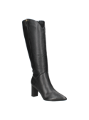 Bota de cuero negra para mujer, diseño clásico sin adornos, adecuada para contextos profesionales o salidas casuales.