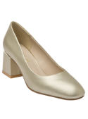 Zapato de charol oro para mujer, estilo clásico y elegante, sin adornos, perfecto para combinar con trajes formales.