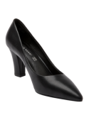 Elegante zapato stiletto negro de mujer, punta afilada y diseño minimalista en cuero, perfecto para atuendos formales.