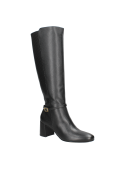Bota de mujer negra de cuero con diseño elegante y clásico, caño alto hasta la rodilla y tacón cuadrado de altura media.
