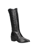 Bota vaquera de cuero negro para mujer, combinando estilo y protección en entornos urbanos y reuniones informales.