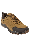 Calzado camel funcional de cuero y textil con refuerzo en puntera y talón, perfecto para excursiones y uso urbano.