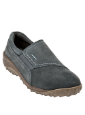 zapatilla de cuero azul con taco plano de 5 cm y punta redonda, diseño versátil y cómodo.
