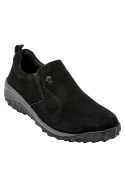 Zapatilla slip-on negra de cuero para mujer, cómoda y funcional, ideal para reuniones sociales y trabajo relajado.