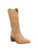 Bota vaquera camel de cuero para mujer, con bordados zigzagueantes y curvas, ideal para un estilo Western chic.